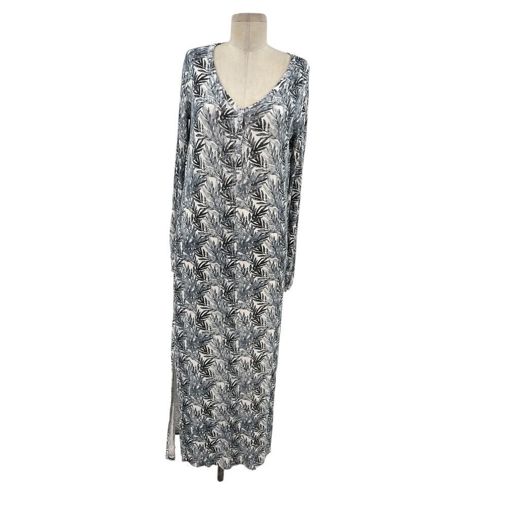 Posh Peanut Henley Button Stretch Maxi Dress Jared Blue Leaf Print Size Small